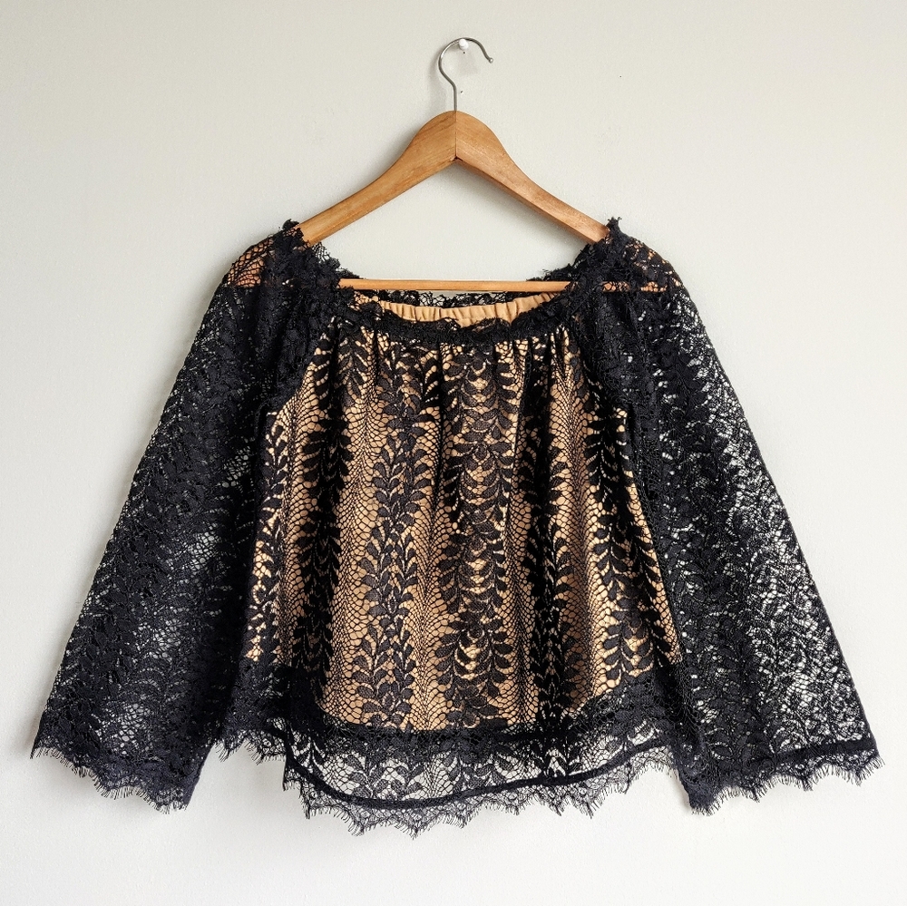 Heartloom Romantic Boho Off Shoulder Black Floral Lace Cut Out Blouse sz S